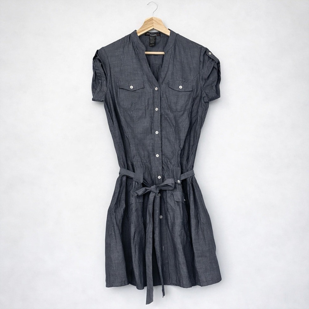 Fashion Model Chambray Shirt Dress Belted Short Sleeve V Neck Low Waist Large